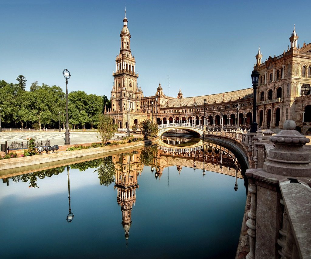 city, cityscape, architecture, building, travel, nikon, seville, spain, reflection, pond, palace, tower, seville, spain, spain, spain, spain, spain